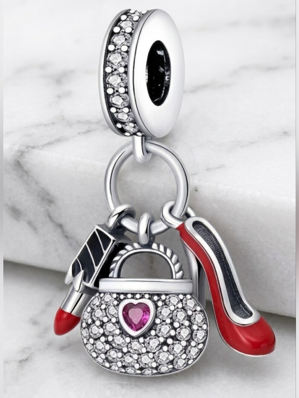 Silver Charm Dangle with Purse, Lipstick & Red Heel